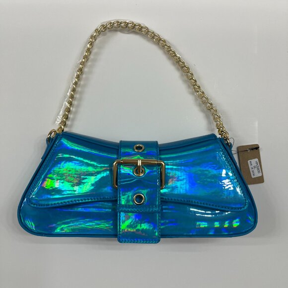 Iridescent Metallic Shiny Aqua Blue - Gold Buckle Crossbody / Chain Straps - NWT - Picture 5 of 10